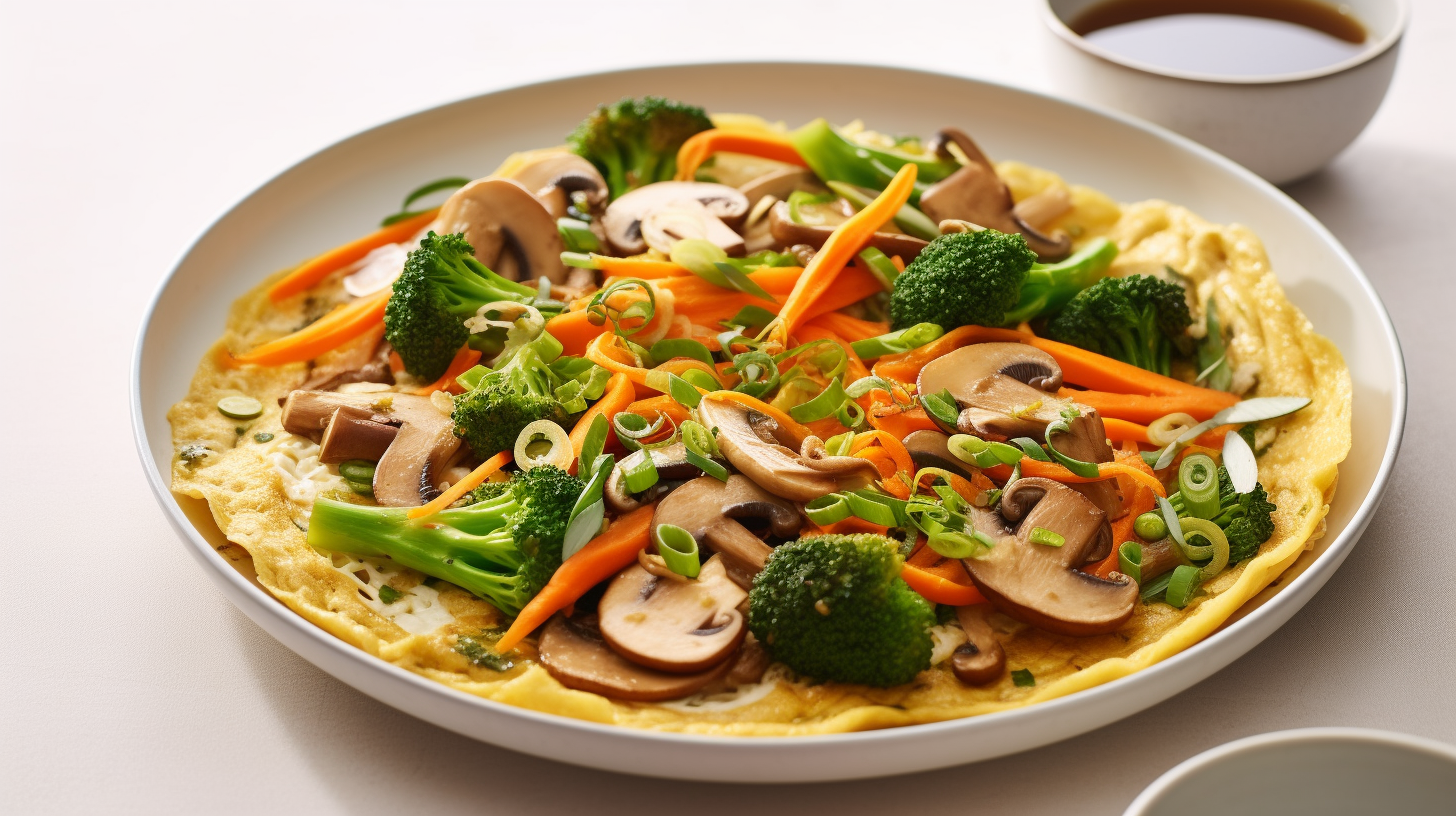 Dinner plate with a low carb stir fry omelette, showcasing fluffy eggs and nutritious veggies for a healthy vegetarian meal